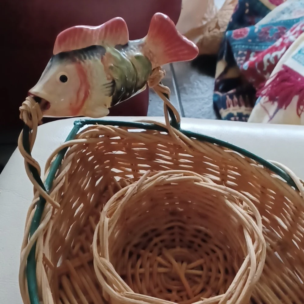 Chip and Dip Wicker Basket w/ ceramic Fish Handles, 17” long